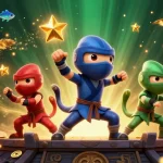 Kuwin elevates gaming with a dynamic scene of colorful chameleon ninjas performing martial arts.
