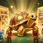 Experience the excitement of 11WIN with a golden tortoise slot machine surrounded by treasures.